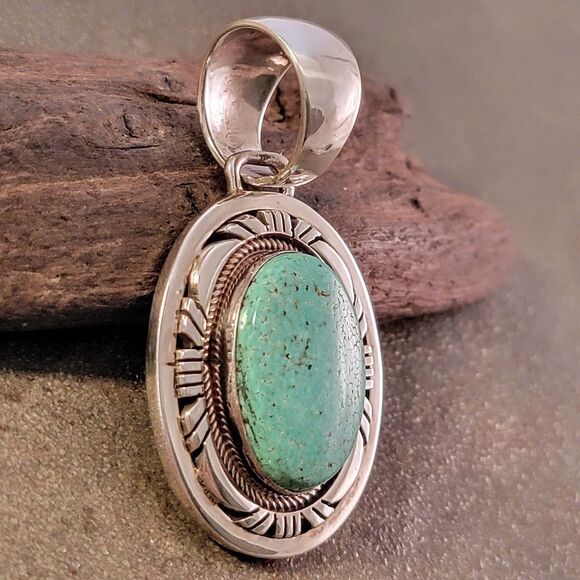 Navajo Gary Spencer Sterling Blue Green Turquoise Pendant - Picture 4 of 8